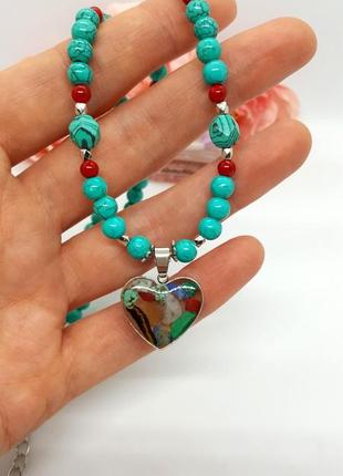 ❤️💙 яркое колье-ожерелье с подвеской сердце натуральные камни бирюза-говлит6 фото