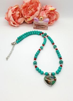 ❤️💙 яркое колье-ожерелье с подвеской сердце натуральные камни бирюза-говлит3 фото