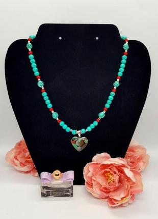 ❤️💙 яркое колье-ожерелье с подвеской сердце натуральные камни бирюза-говлит7 фото