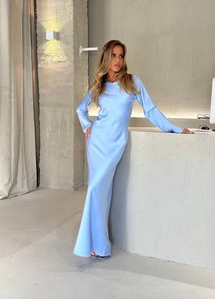 Жіноча ошатна блакитна довга шовкова сукня міді з шовку армані з довгим рукавом