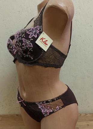 Kleo комплект женского нижнего белья коричневый с розовым на тонком поролоне с кружевом р 70d4 фото