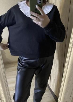 Новый крутой чёрный свитшот джемпер с белым накладным воротничком 50-54 р утеплённый6 фото