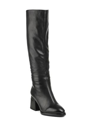 Сапоги женские зимние кожаные на толстом каблуке, с острым носком с мехом черные 1694ц2 фото