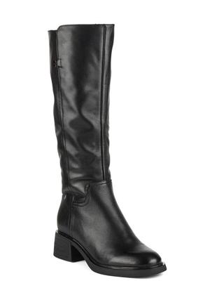 Сапоги женские кожаные зимние на среднем толстом каблуке с мехом черные 1718ц2 фото