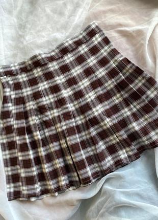 Трендовая теннисная юбка юбочка в клетку пестрая коричневая белая shein