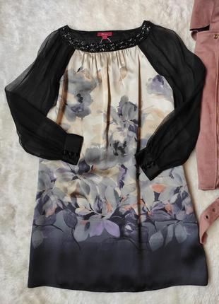 Черное с принтом рисунком натуральное шелковое платье шелк туника цветочное с паетками камнями прозр1 фото