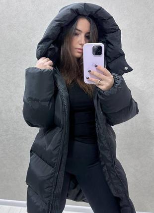 Куртка пуховик дута з капюшоном довга чорна зима3 фото