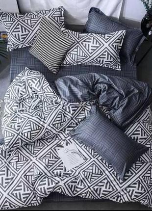 Стильная хлопковая постель бязь голд серая в геометрический рисунок черно белая из хлопка1 фото