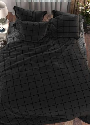 Чорна стильна практична постіль в квадрати з натуральної бавовни люкс якості1 фото