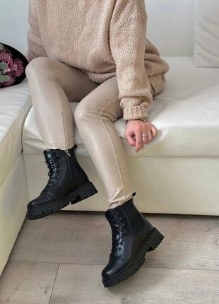 Кожаные ботинки сапоги ботфорты со шнуровкой массивные зимние на меху zara6 фото