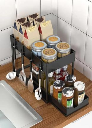 Многофункциональный кухонный органайзер с выдвижным ящиком для хранения универсальный двухуровневый1 фото
