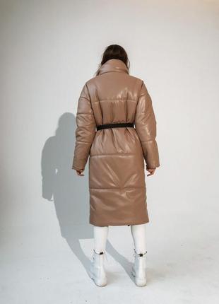 Куртка эко-кожа миди зима с поясом2 фото