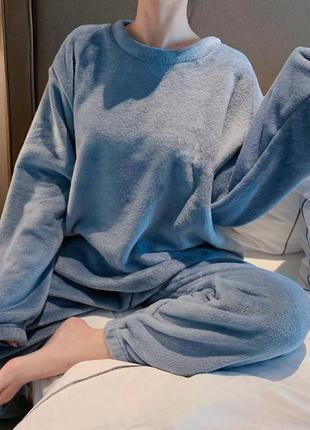 Пижама женская теплая оверсайз кофта штаны на высокой посадке качественная синяя бирюзовая