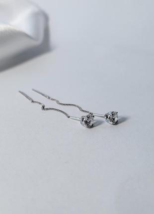 Серебряные серьги (пара) серёжки протяжки цепочки камень 5 мм серебро 925 пробы родированное 5353/1р 1.20г4 фото