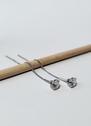 Серебряные серьги (пара) серёжки протяжки цепочки камень 5 мм серебро 925 пробы родированное 5353/1р 1.20г5 фото