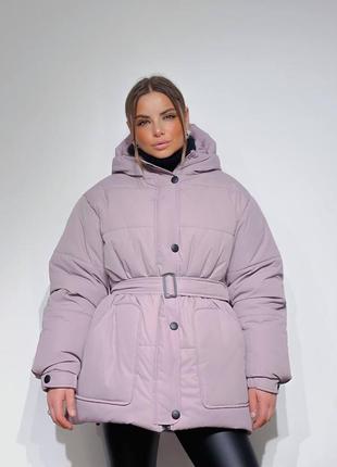 Зимняя куртка пуховик объемная с поясом средняя длина4 фото