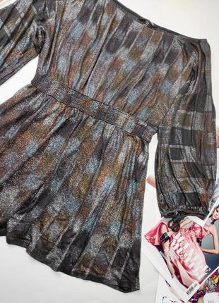 Платье женское праздничное мини серебристого цвета клешь с широкими рукавами с открытыми плечами от бренда hm 10/403 фото