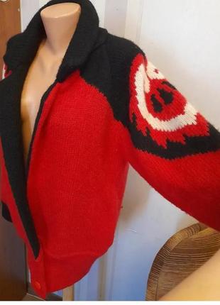 Шерсть кардиган винтаж теплая кофта красная с рисунком шерстиной кардиган с рисунком