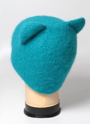 Теплая шерстяная валевая шапка кошка4 фото