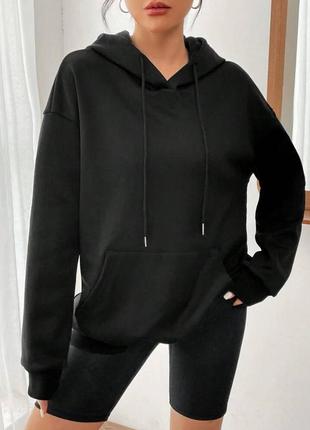 Худі жіноче оверсайз чорне однотонне тепле на флісі з стразами з капішоном з кишенею якісне стильне3 фото