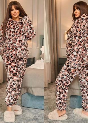 Теплая мягкая двухсторонняя плюшевая пижама стриженый кролик, пижама с анималистичным принтом, пижама с принтом ягуар5 фото