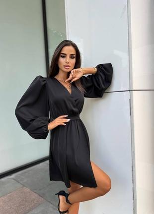 Шелковое платье на запах малина электрик черный беж пудра с пышной юбкой с длинными рукавами фонариками с вырезом декольте воздушное вечернее