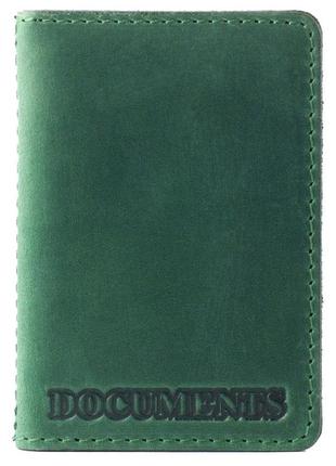 Кожаная обложка на id паспорт, для документов (права, техпаспорт) зелёный crazy horse villini 018