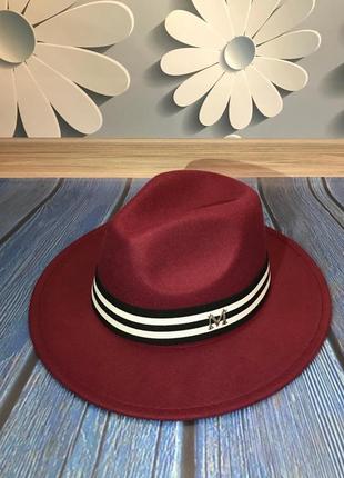 Шляпа унисекс федора с лентой в стиле maison michel и устойчивыми бордовая (марсала)