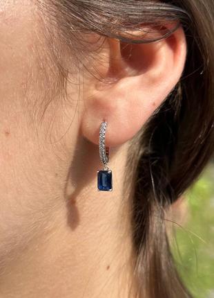 Срібні сережки з синім кристалом та прозорими камінцями пандора6 фото