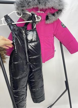 Зимний костюм для девочек до -30 мороза куртка малиновая брюки черные4 фото