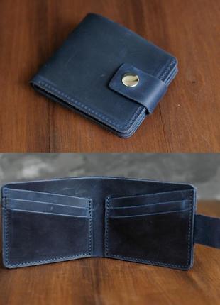 Кошелек портмоне на 6 карт с застежкой из натуральной винтажной кожи синий1 фото
