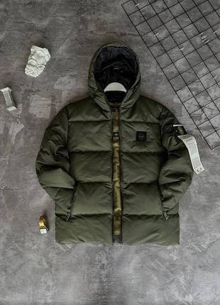 Мужская зимняя куртка stone island хаки до -20*с пуховик стон айленд с капюшоном (bon)6 фото