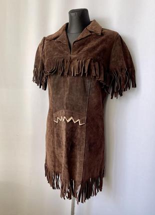 Замшевое платье натуральное кожа этно бохо ковбойка бахрома коричневый винтаж