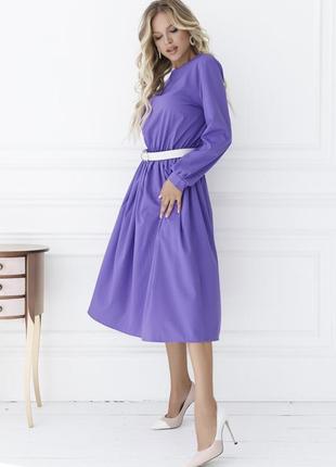 Сиреневое приталенное платье с длинными рукавами2 фото