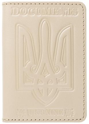 Кожаная обложка на id паспорт, для документов права, техпаспорт, документница герб, тризуб villini 019 бежевая