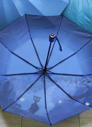 Зонт женский синий атласный рисунок кот 9 спиц