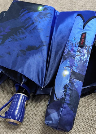 Зонт женский синий атласный рисунок кот 9 спиц