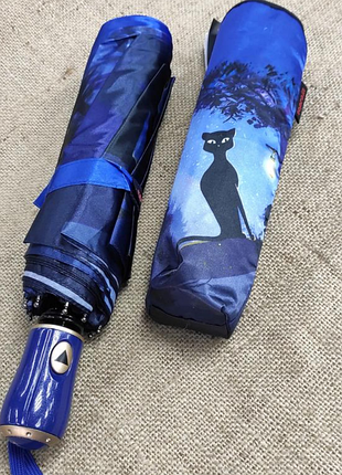 Зонт женский синий атласный рисунок кот 9 спиц