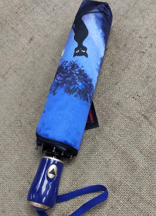 Зонт женский синий атласный рисунок кот 9 спиц