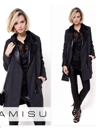 Стильное короткое деми пальто куртка косуха шерсть кожаные вставки — amisu ® оригинал размер s