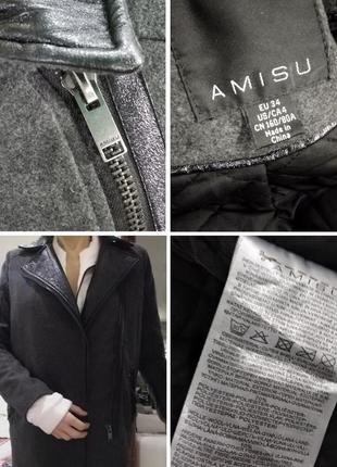 Стильное короткое деми пальто куртка косуха шерсть кожаные вставки — amisu ® оригинал размер s9 фото