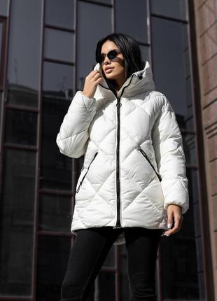 Жіночий теплий зимовий пуховик куртка білого молочного кольору на біо пуху