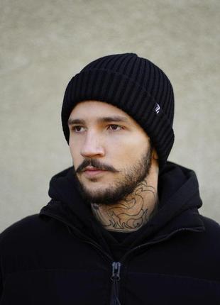 Шапка біні тепла жіноча чоловіча beanie чорна шапка коротка з відворотом трикотажна на зиму3 фото