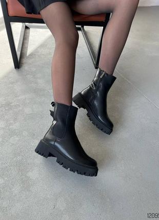 Черные натуральные кожаные зимние ботинки челси с резинкой молнией на резинке молнии толстой подошве кожа зима4 фото