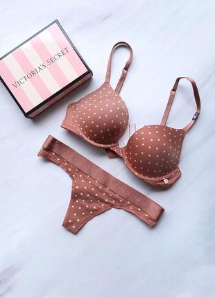 Комплект жіночої білизни в горошок victoria's secret бежевий1 фото