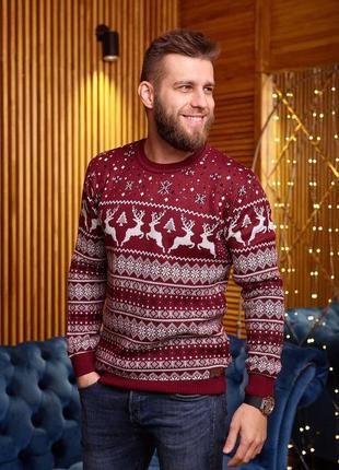Чоловічий светр вовняний новорічний розмір m бордовий з оленями