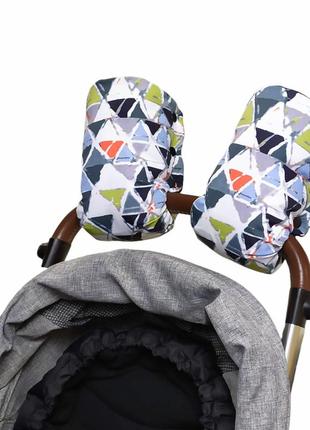 Роздільна муфта на коляску. муфти рукавички на ручку коляски або дитячого візочка від mamalook, білі з принтом "мозаїка"7 фото