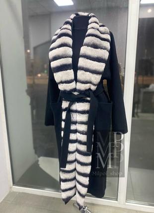 Вишукане елегантне жіноче пальто з хутряним бортом рекса в забарвленні шиншила, 42-58 розміри, довжина 125 см1 фото