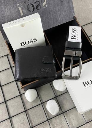 Ремінь чоловічий шкіряний boss і шкіряний гаманець у подарунковому наборі