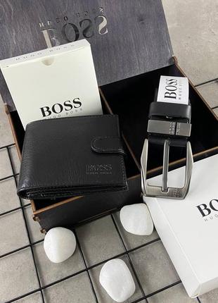 Ремень мужской кожаный boss и кожаный кошелек в подарочном наборе3 фото